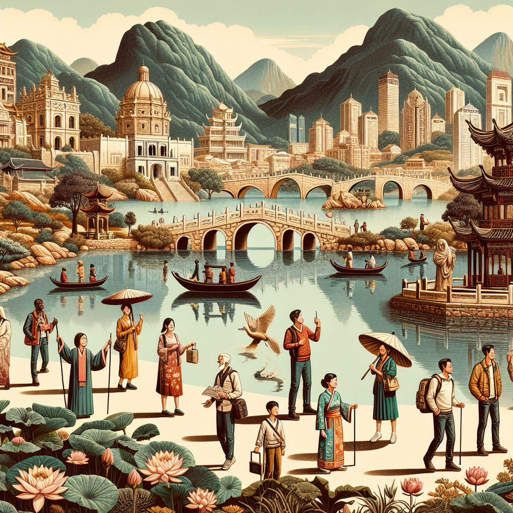 A scenic view of travelers enjoying historical and natural sites on a day trip from Macao, featuring iconic Chinese landmarks.