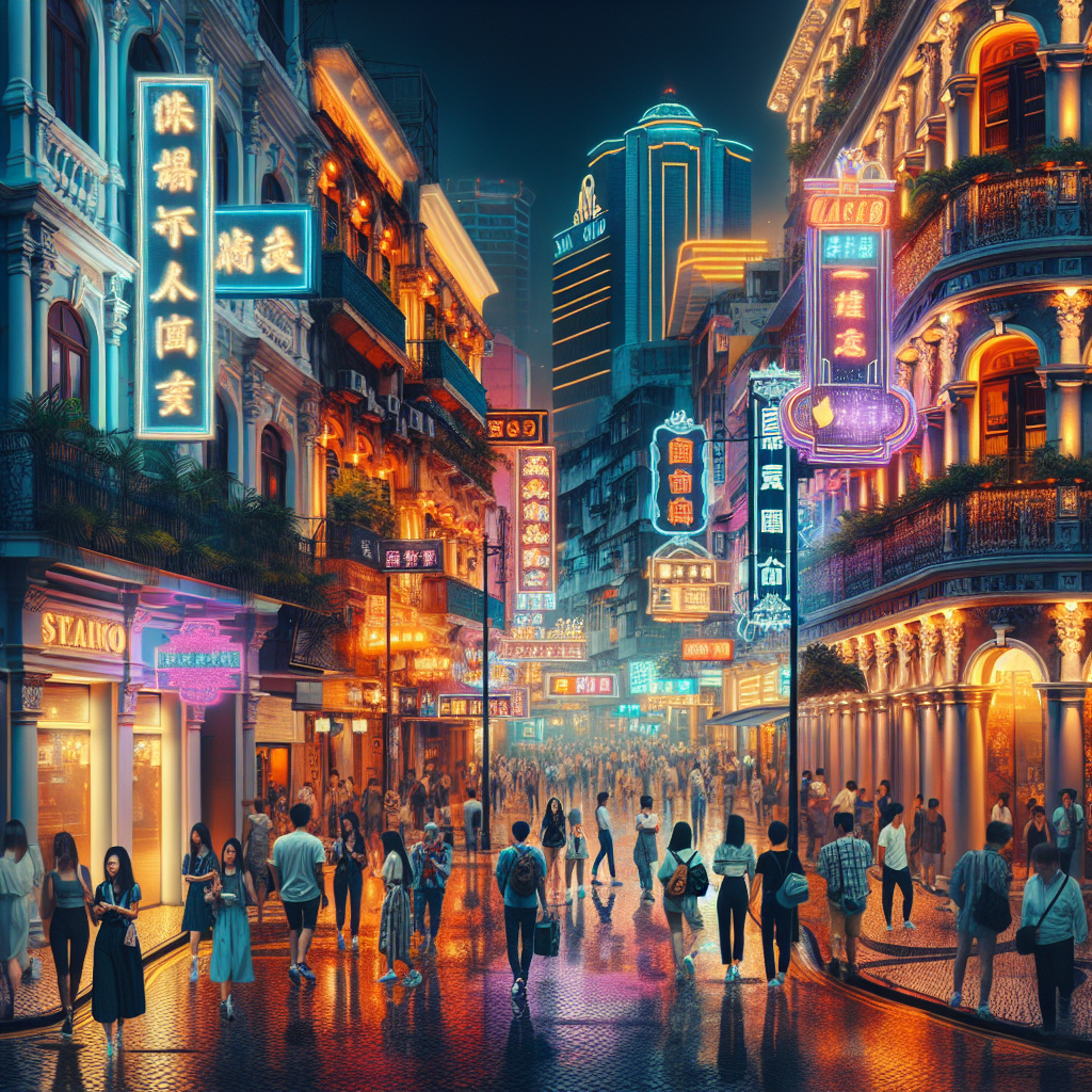 Nattlig gatebilde fra Macao med opplyste hotellfasader, neon, stilige barer og en blanding av lokale og internasjonale besøkende, stemningsfullt og livlig