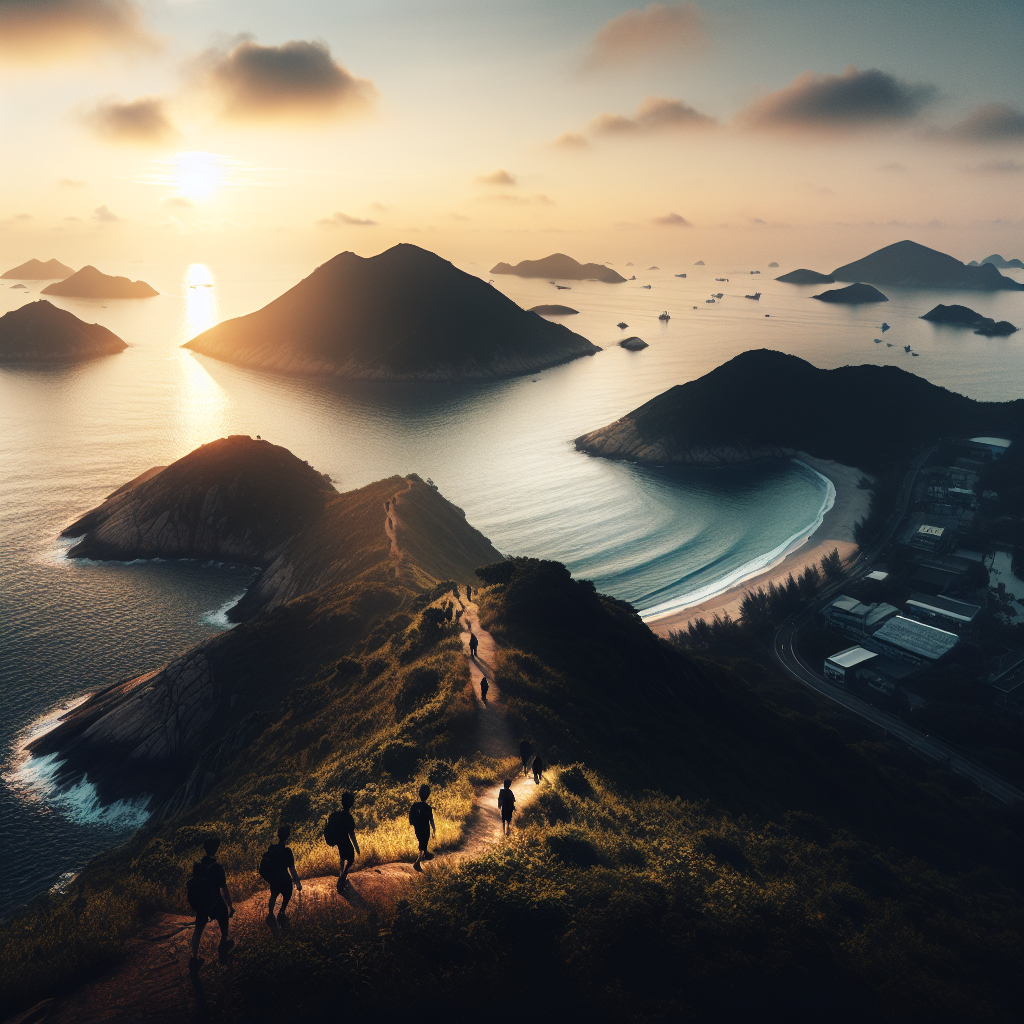Panoramabilde av en kystlinje nær Macao ved soloppgang, med små øyer, stier langs kysten, noen vandrere i silhuett og rolig sjø