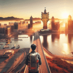 Flyfoto av Macaos skyline ved soloppgang med en budsjettreisende med ryggsekk i forgrunnen, varm fargepalett, moderne og inviterende