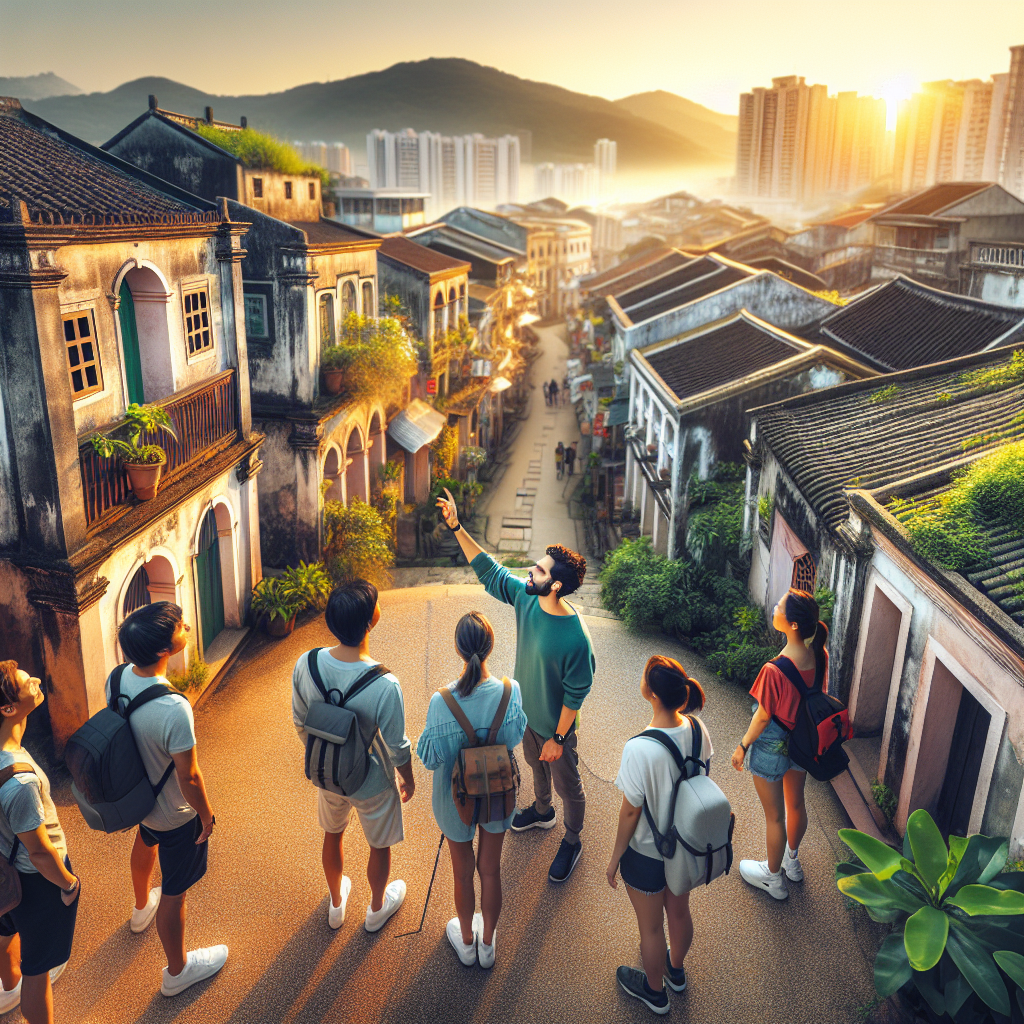 Oversiktsbilde av en liten gruppe turister på en bærekraftig guidet spasertur i Macaos gamleby ved soloppgang, lokale bygninger, grønt element, vennlig guide