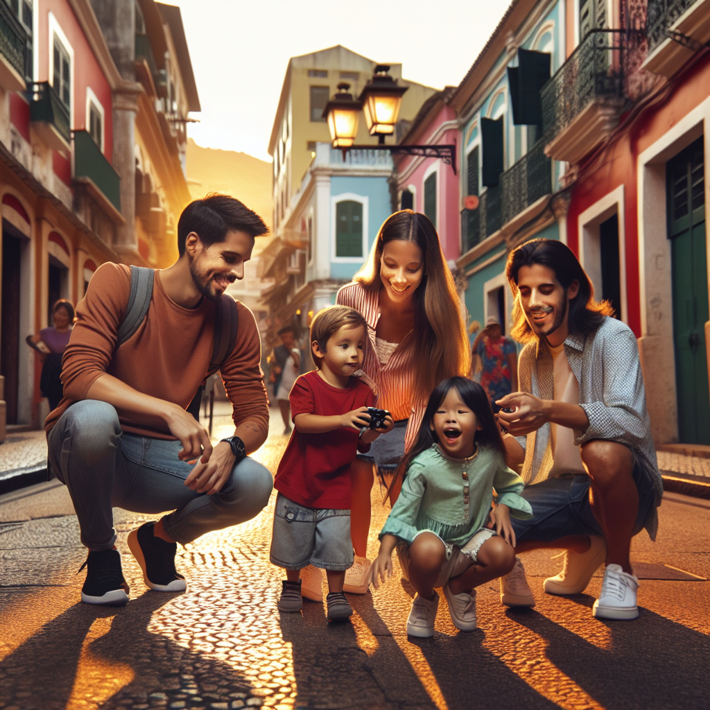 Familie som utforsker en historisk gate i Macao ved solnedgang, barn som leker, fargerike bygninger og et rolig, vennlig bymiljø