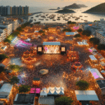 Oversiktsbilde av en livlig festival i Macao ved kysten, blanding av tradisjonelle kinesiske drakter og moderne scener, kveld med varme lyskilder og publikum i forgrunnen