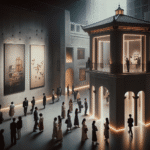 Et stemningsbilde av et moderne kunstgalleri i Macao: blanding av portugisisk og kinesisk arkitektur, innendørs samtidsinstallasjon, myk belysning, besøkende i kultivert, rolig atmosfære