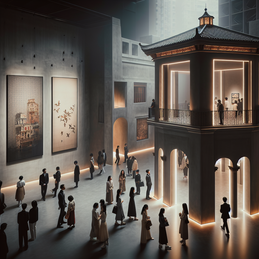 Et stemningsbilde av et moderne kunstgalleri i Macao: blanding av portugisisk og kinesisk arkitektur, innendørs samtidsinstallasjon, myk belysning, besøkende i kultivert, rolig atmosfære