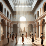 Et intimt, moderne kunstgalleri i Macao med blanding av kolonial arkitektur og minimalistiske installasjoner, besøkende i varme dagslysstråler