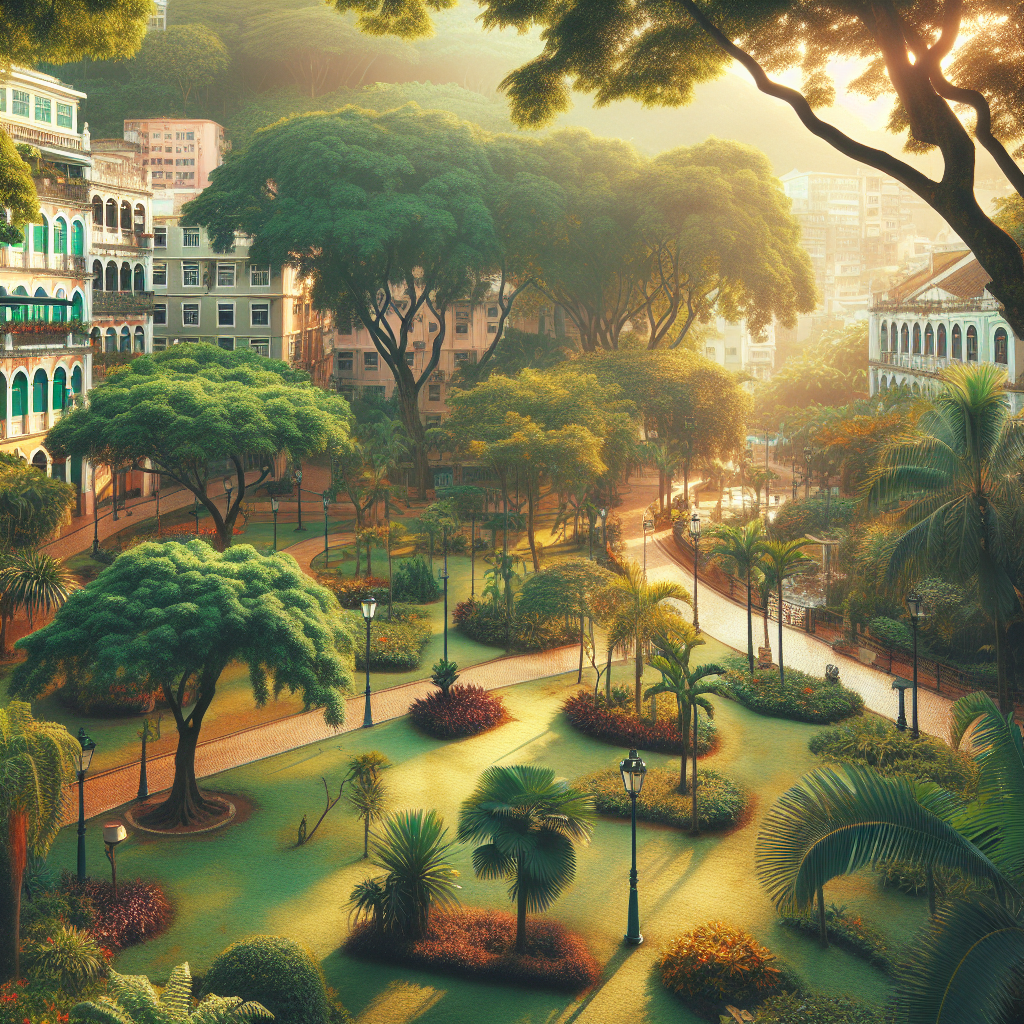 Oversiktsbilde av en grønn park i Macao med subtropiske trær, portugisisk-inspirert arkitektur i bakgrunnen, palmer, blomsterbed og en rolig spaservei i mykt morgenlys